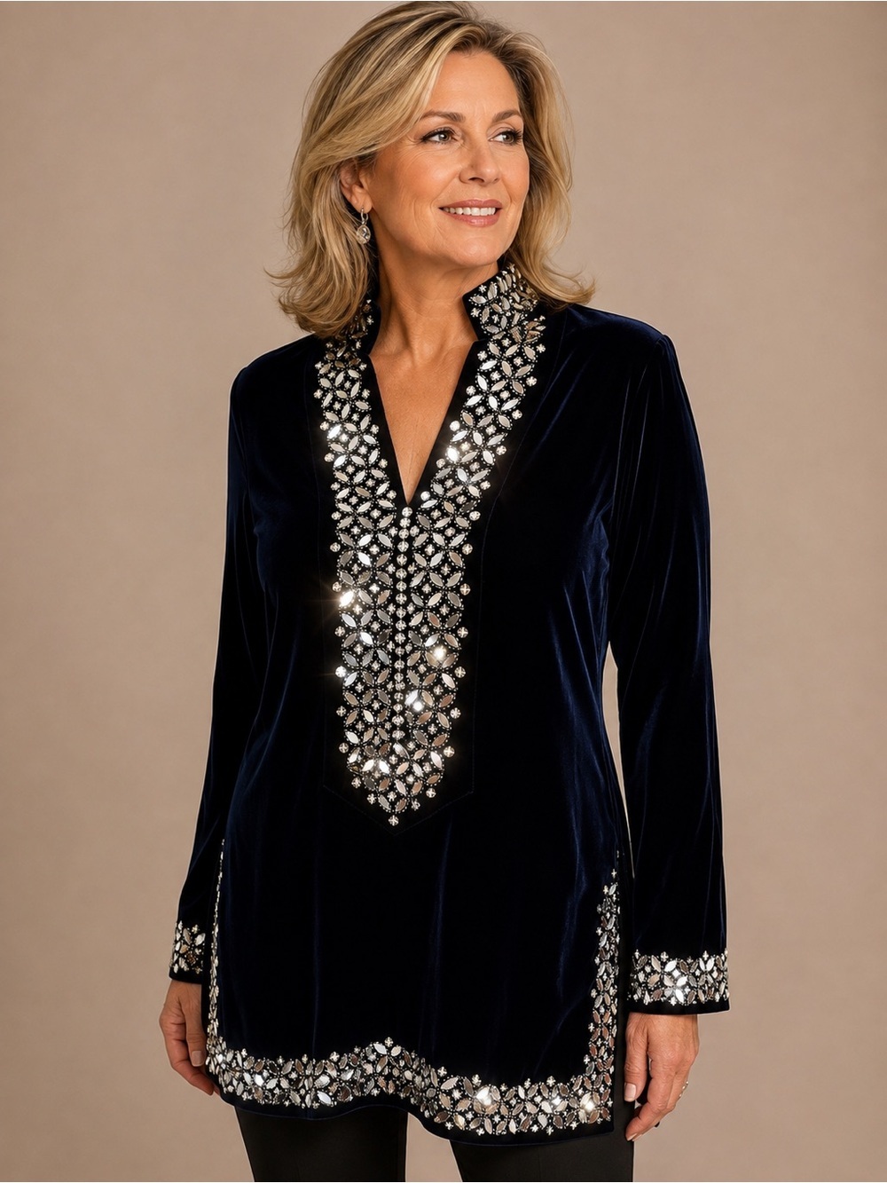 Tory Burch Size 4 Navy Velvet Embellished Jeweled Evening Tunic Top